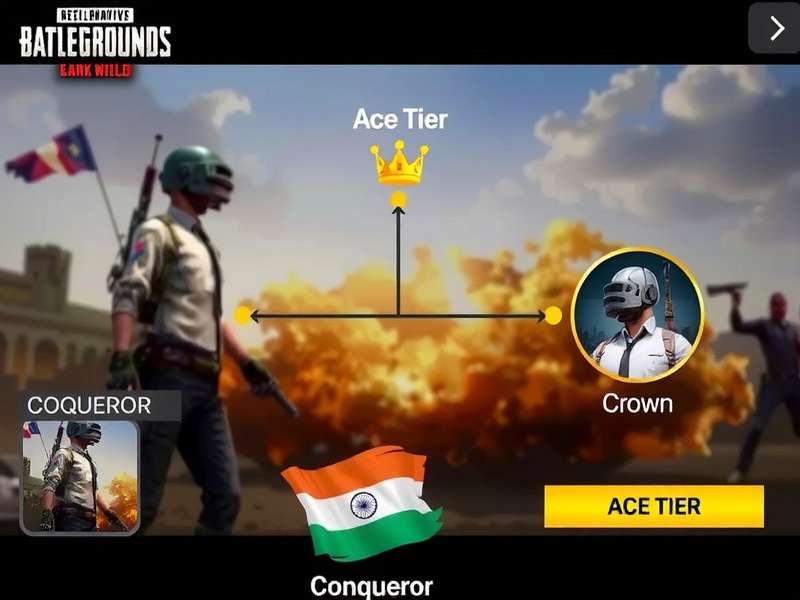 PUBG Mobile Rank Hierarchy with Ace Tier PUBG Mobile rank hierarchy showing Ace Tier position between Crown and Conqueror, with Indian server metrics
